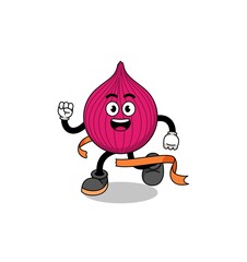 Mascot cartoon of onion red running on finish line