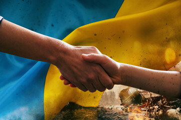 Sunny Ukraine country flag with helping hand as support