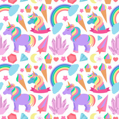 Seamless pattern with unicorns, rainbows, crystals and other elements. background in cartoon style for wrapping paper, wallpaper, textile and much more
