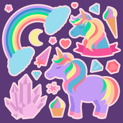 Cute unicorns and other elements. Set of illustrations on dark purple background for stickers and much more