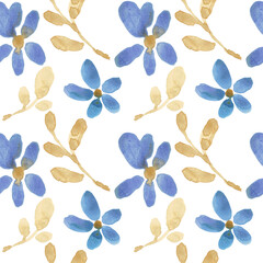 Pattern of watercolor flowers and leaves in yellow and blue colors - decorative ornament