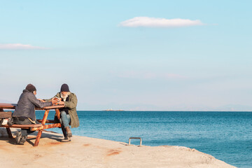 Old men sits on a bench by the sea. One man suggesting a book the other man.	