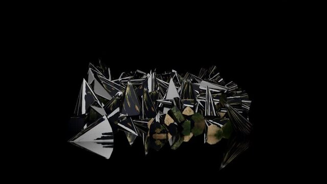 Earth collapse 3D rendeer animation. Isolated earth sphere collision to small pieces.