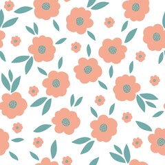 Seamless vintage pattern. Orange flowers, green leaves. white background. vector texture. fashionable print for textiles, wallpaper and packaging.