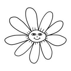 Groovy Smiley Flower with Hippie . Positive 70s retro smiling daisy flower print.
