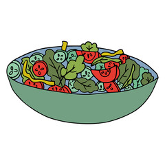 Cartoon doodle salad with tomatoes and cucumbers isolated on white background.