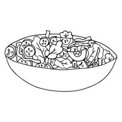 Cartoon doodle salad with tomatoes and cucumbers isolated on white background.