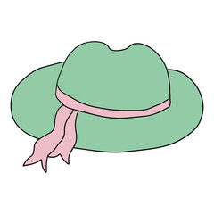 Cartoon doodle female hat with ribbon isolated on white background.