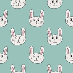 Cute cartoon doodle bunny seamless pattern. Background with funny rabbit muzzle.