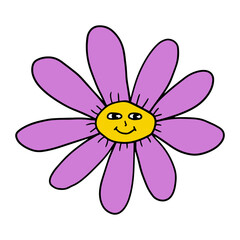 Groovy Smiley Flower with Hippie . Positive 70s retro smiling daisy flower print.