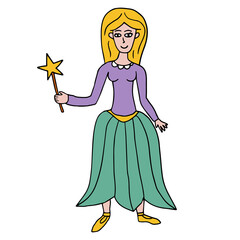 Doodle happy fairy princess isolated on white background. Beautiful historical dress. Young lady with magic wand.