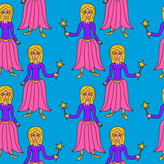 Doodle happy fairy princess seamless pattern. Fairy background. Beautiful historical dress. Young lady with magic wand.