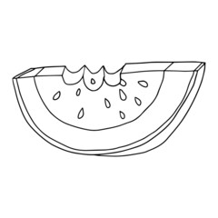 Cute cartoon doodle bitten off slice of watermelon isolated on white background.