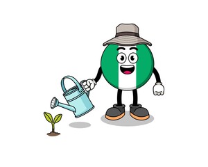 Illustration of nigeria flag cartoon watering the plant