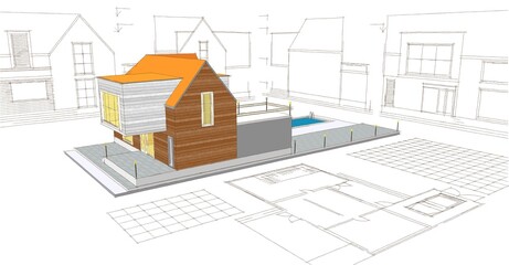 Fototapeta na wymiar modern house architectural project sketch 3d illustration