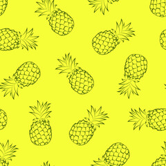 Pineapple vector yellow background. Summer colorful tropical textile printing.