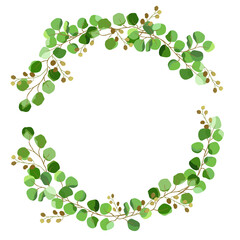 Wreath with eucalyptus leaves on a white background.  Greenery  vector design round invitation frame. Rustic wedding greenery. Summer rustic style. Vector illustration.