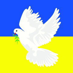 Flying white dove of peace on the background of yellow and blue flag. Bird with olive branch. Pray for peace Ukraine. Stop War in Ukraine. Conceptual vector flat illustration, banner, poster