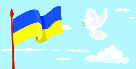 Flying white dove of peace on the background of yellow and blue flag. Bird with olive branch. Pray for peace Ukraine. Stop War in Ukraine. Conceptual vector flat illustration, banner, poster