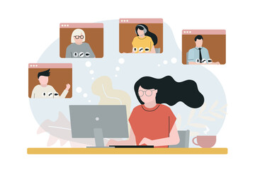 Cartoon woman in front of computer video calling family. Cute girl talking in app with family members. Internet communication concept