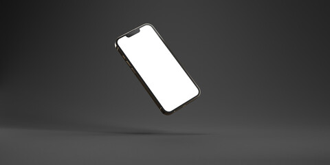 Golden smartphone in half turn. Layout minimalist dark style.