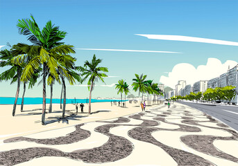 Copacabana beach. Rio de janeiro. Brazil. Hand drawn city sketch. Vector illustration. - 493624258