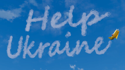 3D rendering of little airplane writing Help Ukraine sign in the sky. Concept of war in Ukraine, russian aggression, invasion, conflict, help from EU and USA.