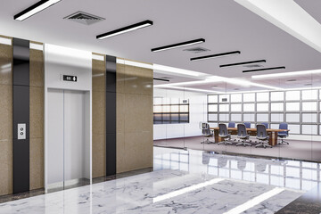 3D illustration workspace in modern office building