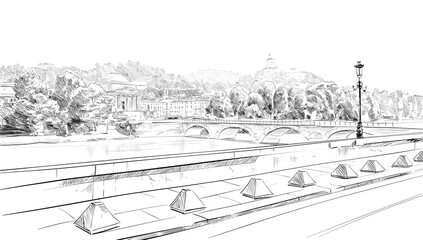 Turin, river Po. Italy. Europe. Hand drawn sketch. Vector illustration.