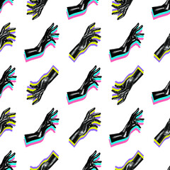 Seamless texture with female hand on white background, fingers down, fingers spread, painted in black. Contemporary art collage. Concept of memphis style. Abstract minimalism