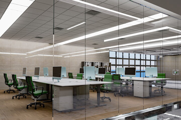 3D illustration workspace in modern office building