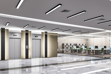 Obraz premium 3D illustration elevator and workspace in modern office building