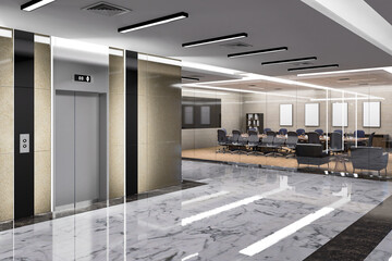 3D illustration elevator and workspace in modern office building