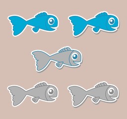 Stickers of cute fish swimming in their environment on a beige background