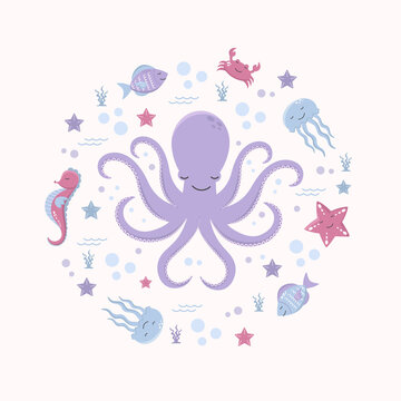 Sea animals, marine creatures. Vector cute illustration  with octopus, dolphin, jellyfish, various fish.