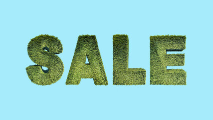Illustration one.inscription "SALE" in big green letters of leaves of bush English alphabet  of vertical garden on a blue background. 3D