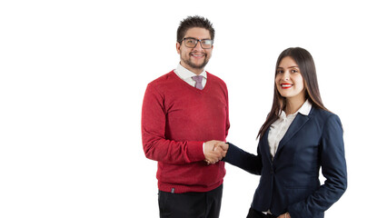 smiling man and woman shake hands at the end of a deal on white background
