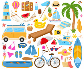 Cartoon beach, summertime symbols, cocktail, coconut, umbrella and slippers. Exotic fruits, boat and beacon vector illustration set. Snorkelling and diving elements