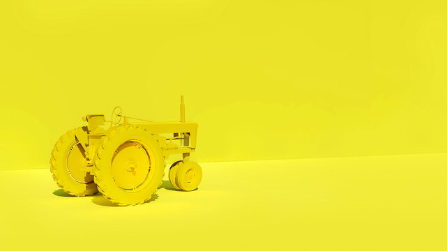 Three-dimensional model of a yellow rural tractor on a yellow background. 3D rendering