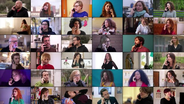 Multiscreen or colage on diverse mixed-races people talking on smartphone. Handsome caucasian and american african people calling on mobile phone
