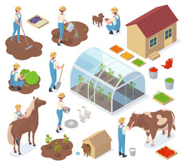 Naklejka premium Isometric garden, farm characters, 3d greenhouse, agriculture elements. Gardeners, farm workers and farm animals vector illustration set. Farm agricultural equipment