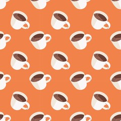 Seamless pattern, coffee cups On an orange background. Textile, print, cafe decor. Flat design, hand drawn, cartoon.