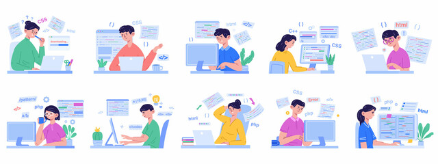 Programmers, software developers, code engineer characters. Human characters working on laptop vector illustration set. People using programming language