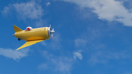 3D render of small yellow airplane flying in the blue sky. Place for your text, design, iamge, texting, lettering or banner