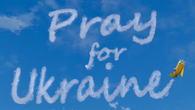 3D image of little airplane writing Pray for Ukraine sign in the sky. Concept of war in Ukraine, russian aggression, invasion, conflict, help from EU and USA.
