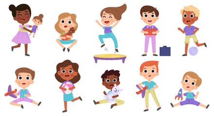 Cartoon kids play with toys, children play with doll and ball. Cute baby characters doing activities vector illustration set. Children playing with teddy bear and doll