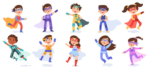 Children heroes, cartoon superhero kids strong characters. Multiracial kids superheroes wearing hero cloaks vector illustration set. Cute little superheroes