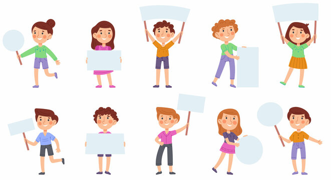 Cartoon kids hold banners, cute children with blank placards. Little boys and girls holding blank paper banners vector illustration set. Children with advertising posters