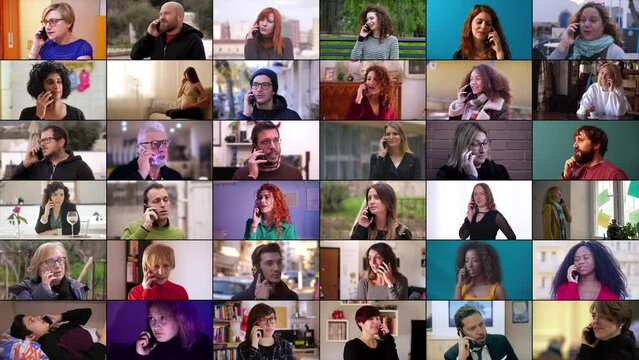 Positive women and men talking on cellphone. Multiscreen montage. Faces of smiling people talking on phones. Communication and technology concept
