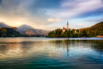Fototapeta na wymiar Evening at Bled, Slovenia, with Lake Bled and Bled Island